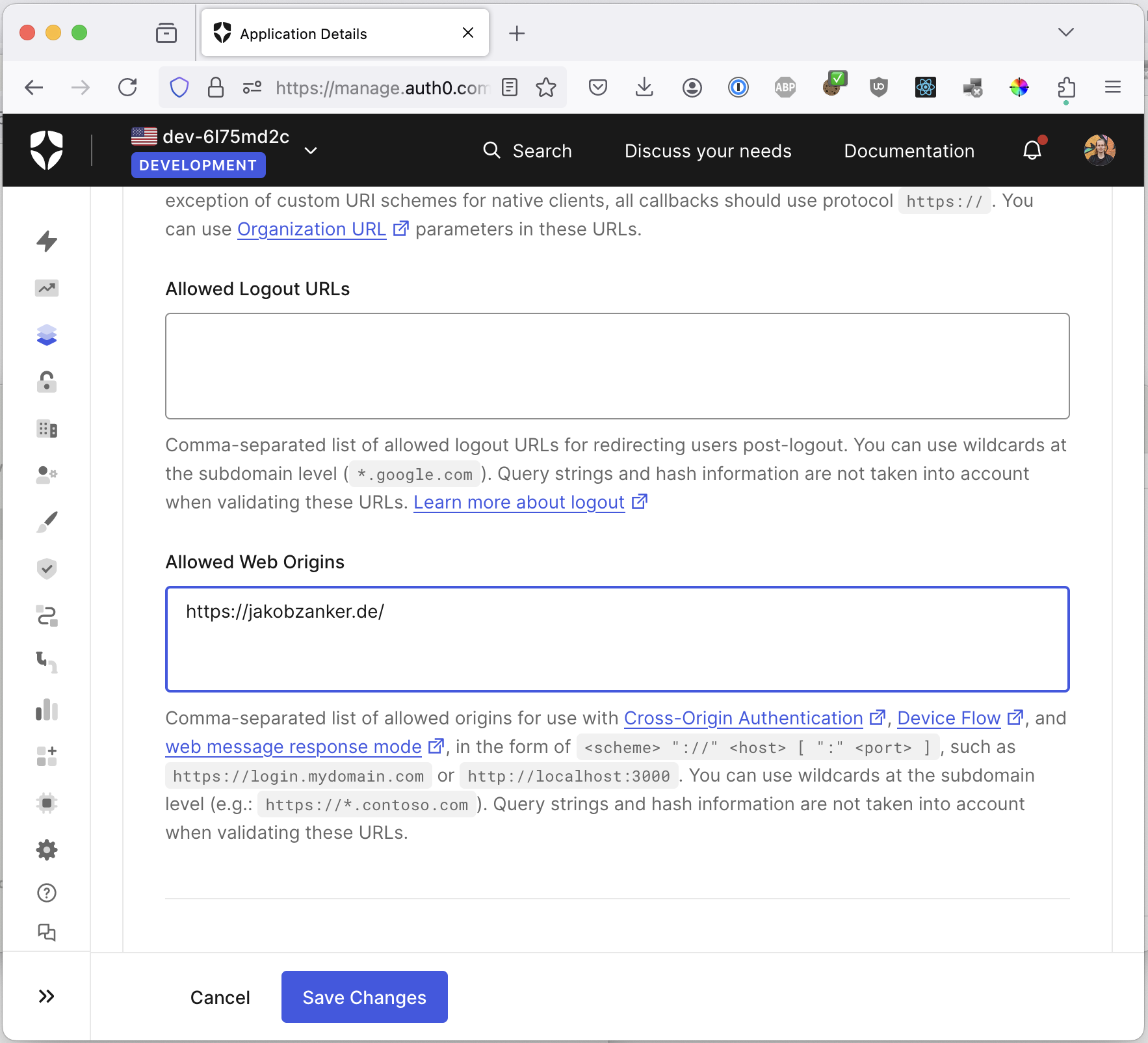 Configure the allowed origin in the Auth0 application