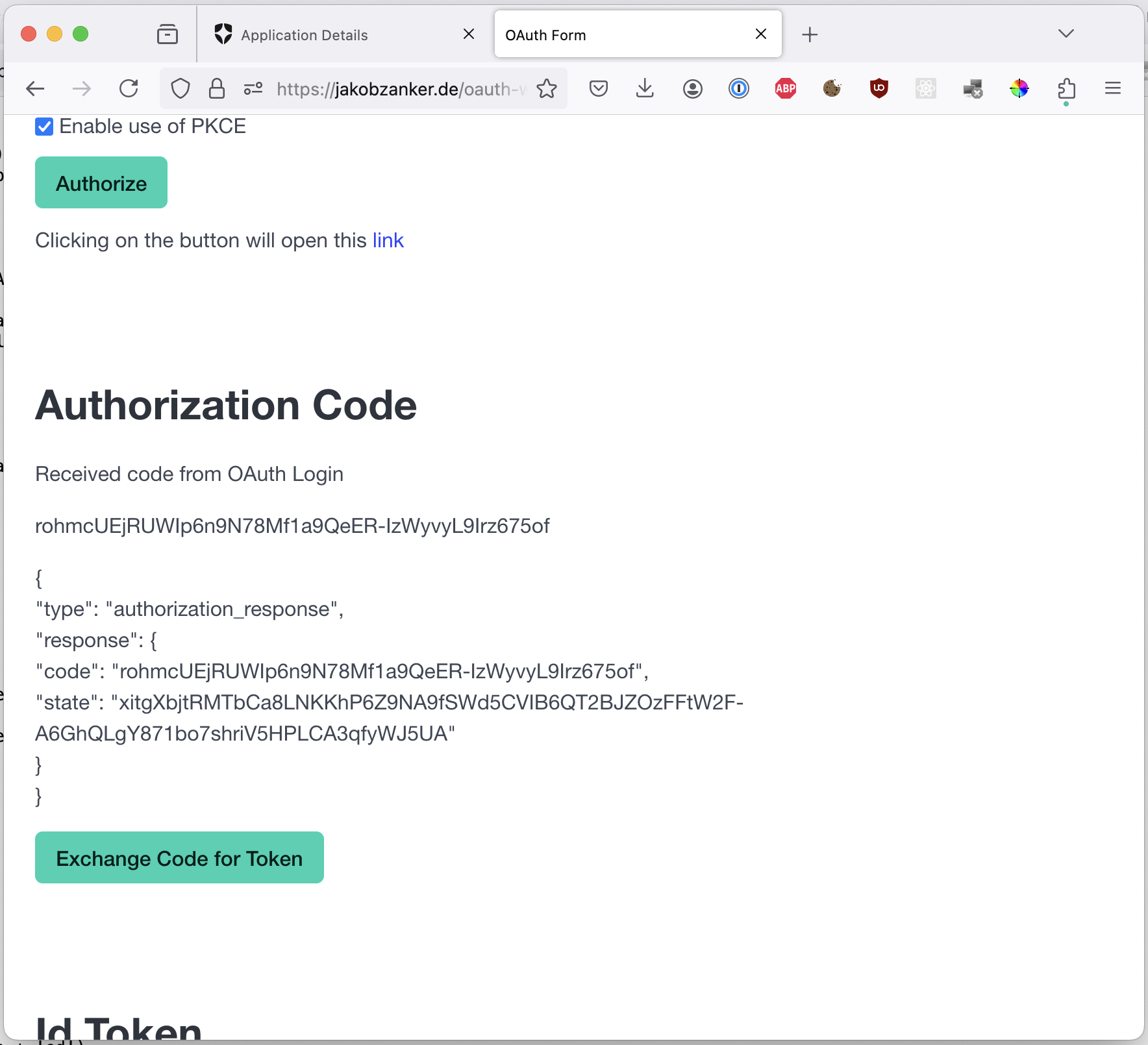 Demo application receives the auth code