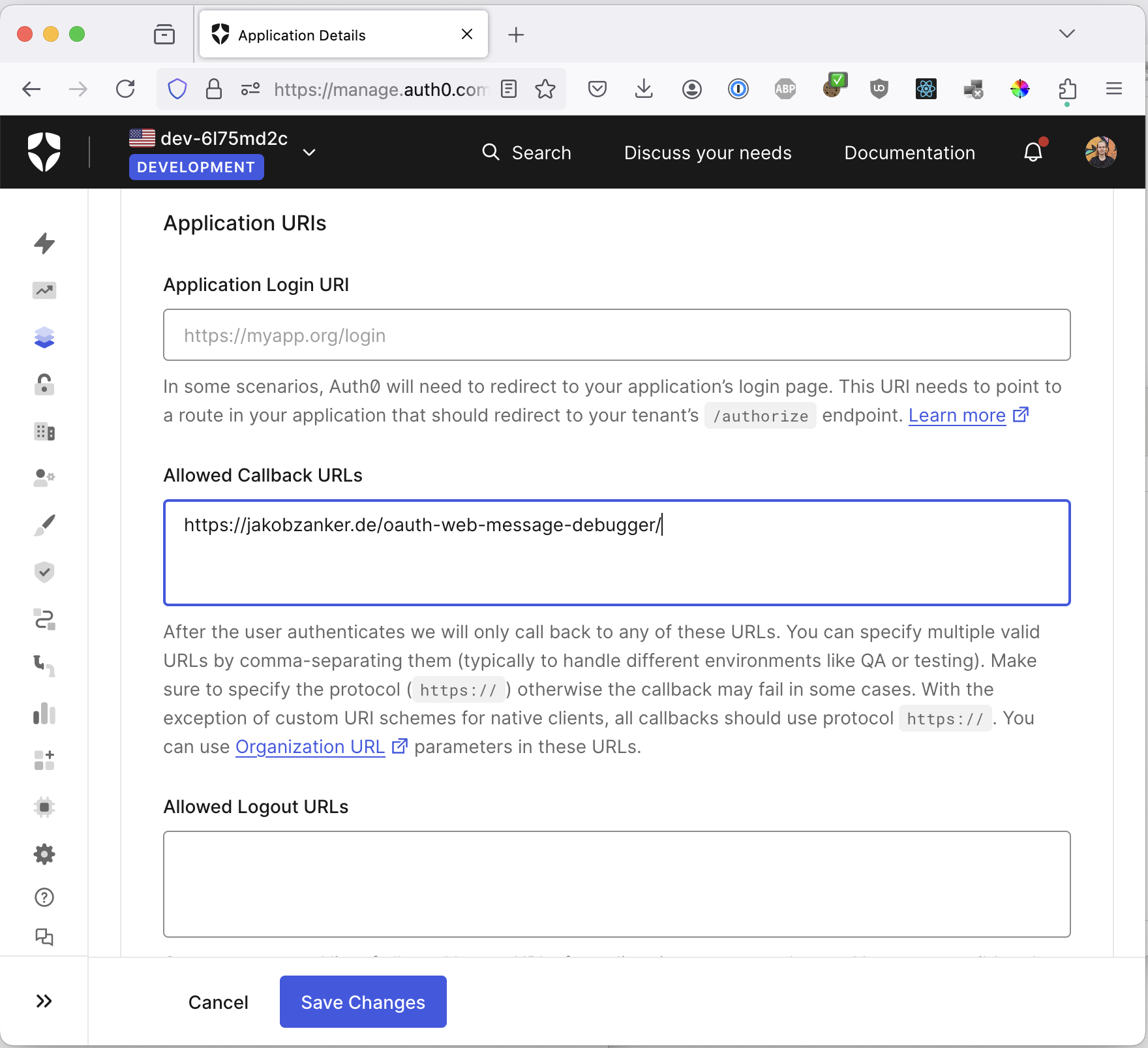 Configure the allowed callback in the Auth0 application