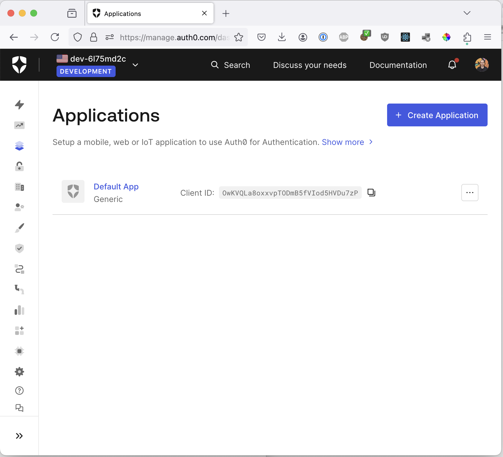 Auth0 application creation flow